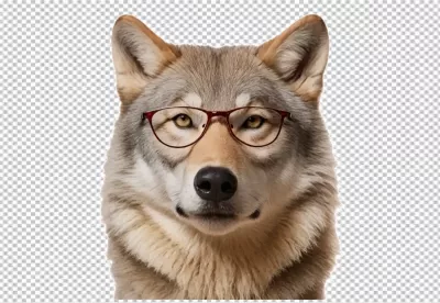 Intelligent Gray Wolf Wearing Stylish Red Glasses Looking Directly image