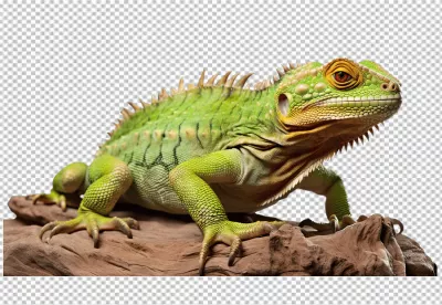 Vibrant Green Iguana on Wood PNG Cutout for Tropical Wildlife Designs image