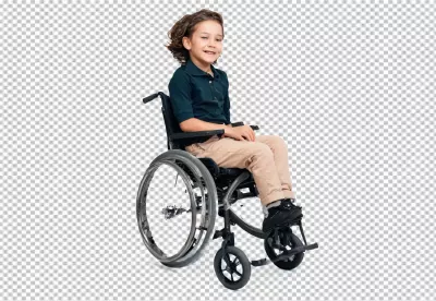 Joyful Young Boy with Curly Hair in Wheelchair Smiling Happily on White Background image
