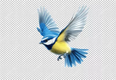 Vibrant Blue Tit Flying Gracefully with Wings Spread, Wildlife Bird PNG Cutout image