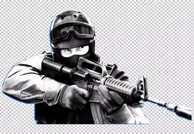 military uniform and sunglasses is aiming with his gun