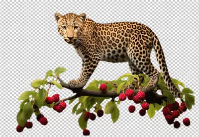 Majestic Leopard Perching on a Tree Branch with Vibrant Red Berries image