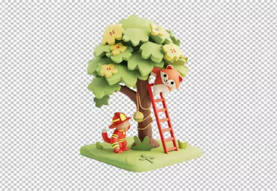 Cute Firefighter Fox Rescues Friend Climbing Tree with Ladder image