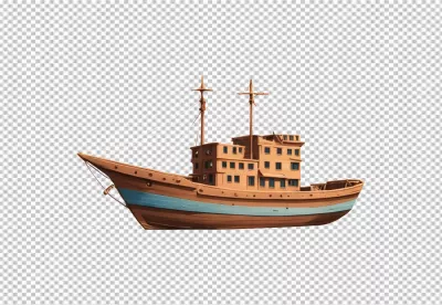 Stylized Wooden Cargo Ship with Two Masts and Blue Stripe Art image