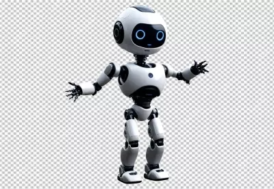 Cute White Humanoid Robot with Glowing Blue Eyes on Transparent Background image