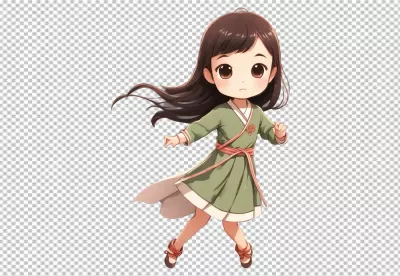 Adorable Chibi Anime Girl in Green Dress and Flowing Hair Posing Energetically image