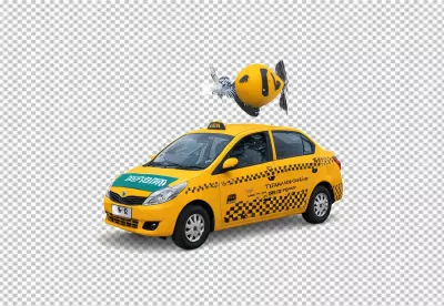 Whimsical Yellow Taxi with Abstract Flying Fish on White Background image