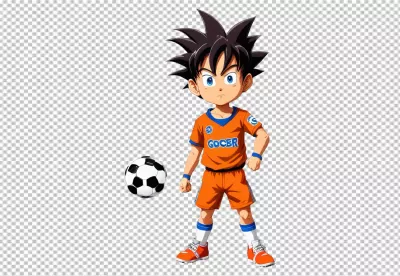 Energetic animated child in vibrant orange soccer uniform standing ready for game with football image