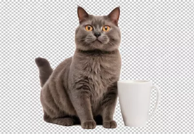 Elegant British Shorthair Cat with Amber Eyes Beside White Mug on Transparent Background image