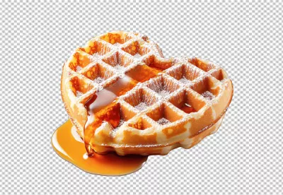Delicious Heart-Shaped Waffle with Golden Syrup and Powdered Sugar PNG Download image