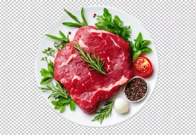 Fresh Raw Beef Steak with Rosemary and Aromatic Herbs on Plate Ready to Cook image