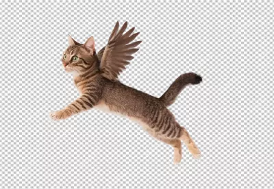 Adorable Tabby Cat with Wings Joyfully Flying on Pristine White Background image