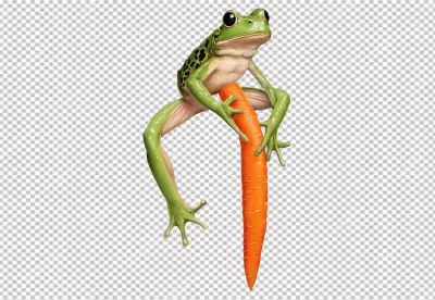 Vibrant Green Frog Clinging to a Fresh Orange Carrot on White Background image