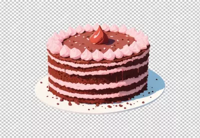 Decadent chocolate layer cake adorned with delicate pink icing and decorative red drop image