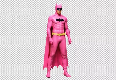 Man Dressed in Unique Pink Batman Costume with Yellow Belt and Black Mask for Creative Cosplay image