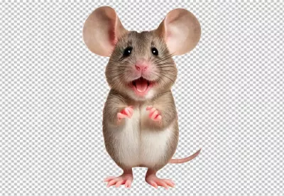 Joyful Small Mouse with Wide Smile and Big Ears Standing on White image