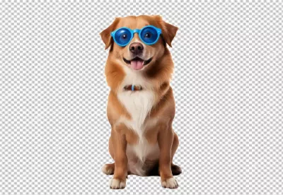 Charming Dog in Trendy Blue Round Sunglasses with an Open Mouth Smile image