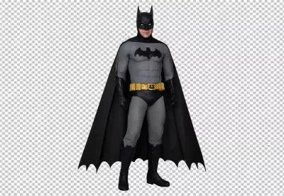 Iconic Dark Knight Vigilante in Classic Grey and Black Costume on White Background image