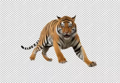 Majestic Bengal Tiger Prowling Forward with Intense Gaze on White Background image