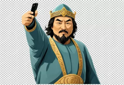Illustrated Ancient Asian Emperor Taking a Modern Selfie with Smartphone image
