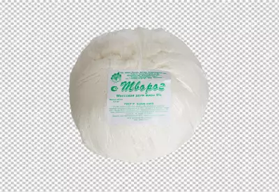 Cottage cheese in a traditional wooden bowl on a transparent 