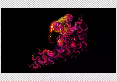 Vibrant Glowing Goddess Silhouette with Neon Hair and Golden Jewelry on Black image