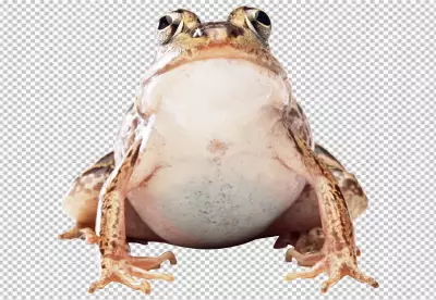 A frog is brown and has big eyes