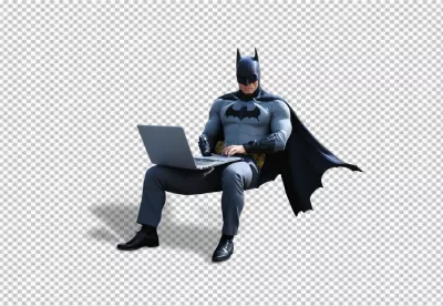 Superhero Batman Sitting and Working on a Laptop with Focused Expression image