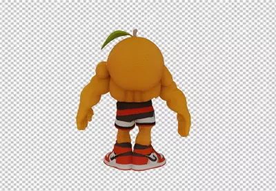 3D rendered muscular orange character wearing athletic sneakers and striped shorts from behind image