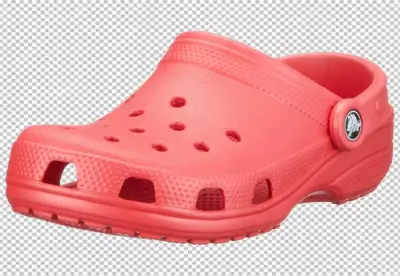 Red rubber Crocs isolated on png surface