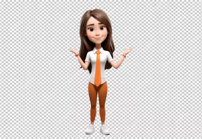 Smiling 3D Cartoon Woman with Orange Tie and Open Hand Gesture Explaining image
