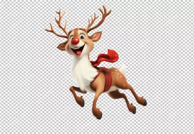 Jolly Red-Nosed Reindeer Flying with Joyful Expression for Festive Christmas Designs image