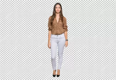 Confident Young Woman in Stylish Brown Blouse and White Jeans Posing Professionally image