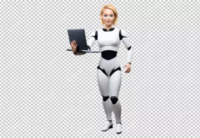 Sleek White Humanoid Robot Woman Holding Laptop Promoting AI Solutions image