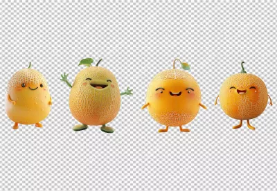 Cute 3D Melon Characters Smiling and Waving for Playful Fruit Designs image