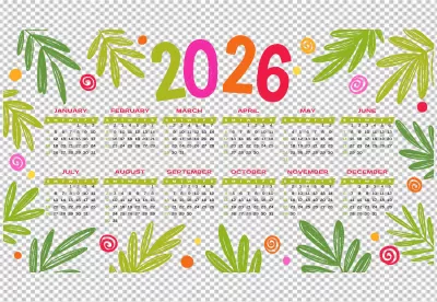 Vibrant Hand-Drawn 2026 Yearly Calendar with Tropical Foliage and Colorful Abstract Art image