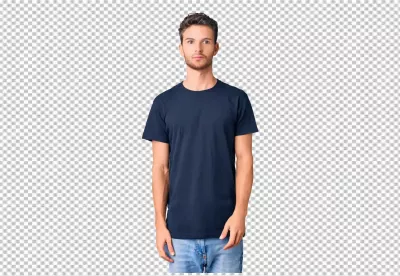 Male Model in Plain Navy T-shirt and Jeans for Casual Apparel Mockup image