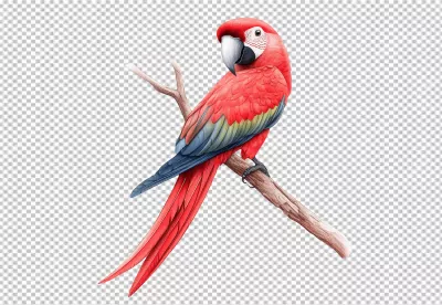 Vibrant Red Macaw Parrot Perching on Branch Tropical Bird PNG Download image