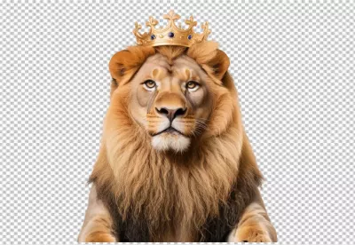 Regal Male Lion Adorned with Golden Crown and Blue Jewels Portrait image