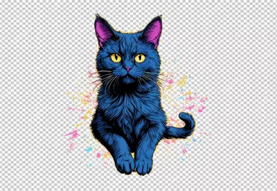 Vibrant Blue Cat with Yellow Eyes and Colorful Paint Splatter Art Background image
