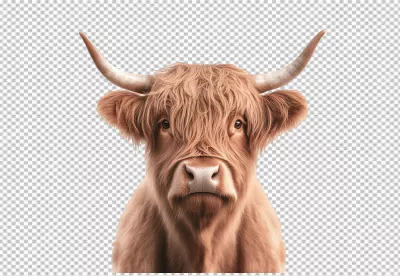 Highland Cow Head with Shaggy Hair and Majestic Horns PNG Cutout image