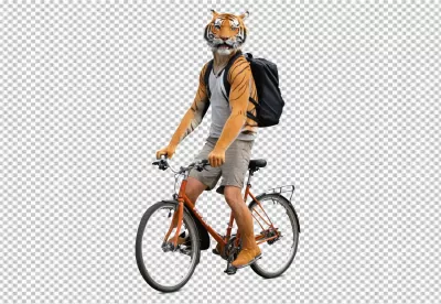 Whimsical Anthropomorphic Tiger-Headed Person Riding a Classic Bicycle with Backpack image