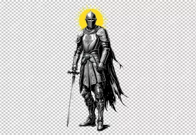Majestic Knight in Shining Armor with Sword and Radiant Sun Halo image
