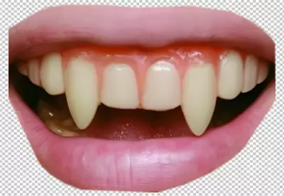a close-up of a person's mouth with two prominent vampire fangs