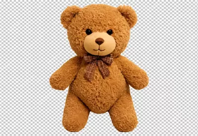 Cute Fluffy Brown Teddy Bear with Plaid Bow Isolated on White image