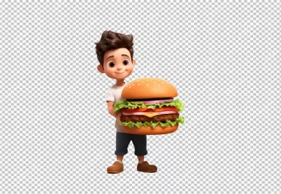 Charming 3D Animated Boy Proudly Holding a Giant Classic Fast Food Burger image