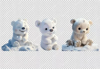 Three Adorable 3D Baby Polar Bears Playing in Snow PNG image