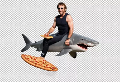 Chuck Norris Style Man Riding Shark, Eating Pizza, and Surfing on Giant Pizza Slice image
