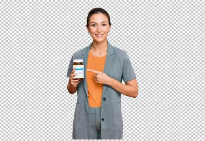 Smiling Woman Holding Medicine Bottle, Pointing to Health Supplements for Wellness image