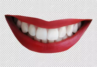 The woman has red lipstick on and her teeth are white and even